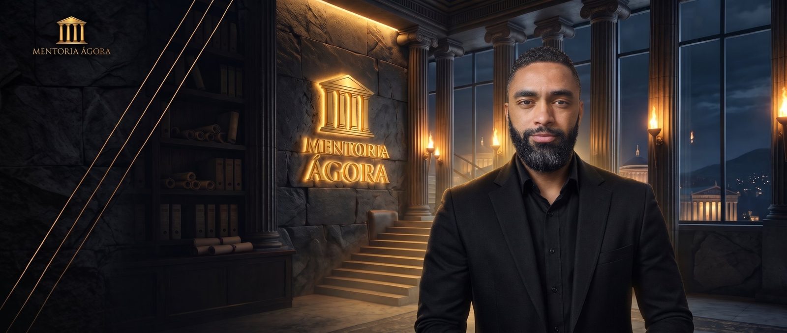 Alex, mentor da Mentoria Ágora, em um salão grego com o logo da mentoria